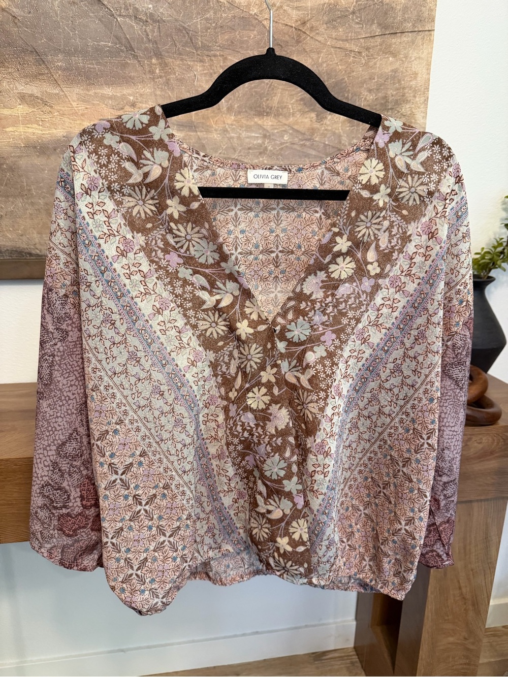 Olivia Grey Anthropologie bohemian-style blouse floral patchwork print Size M